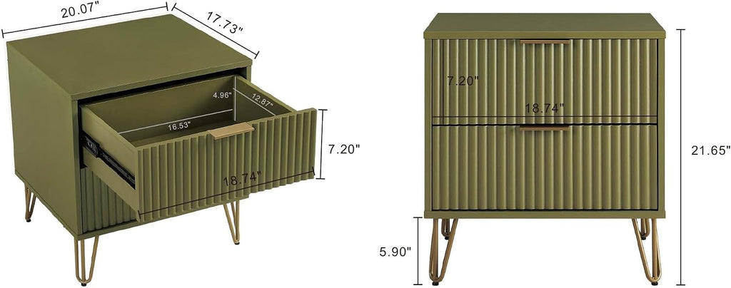 Manhattan Comfort Dumbo 2 Piece Dresser & Nightstand Set, Fluted Night Stand with Hairpin Gold Metal Legs & 3-Drawer Dresser, No Tool Assembly, Storage Cabinet for Bedroom, Living Room in Olive Green