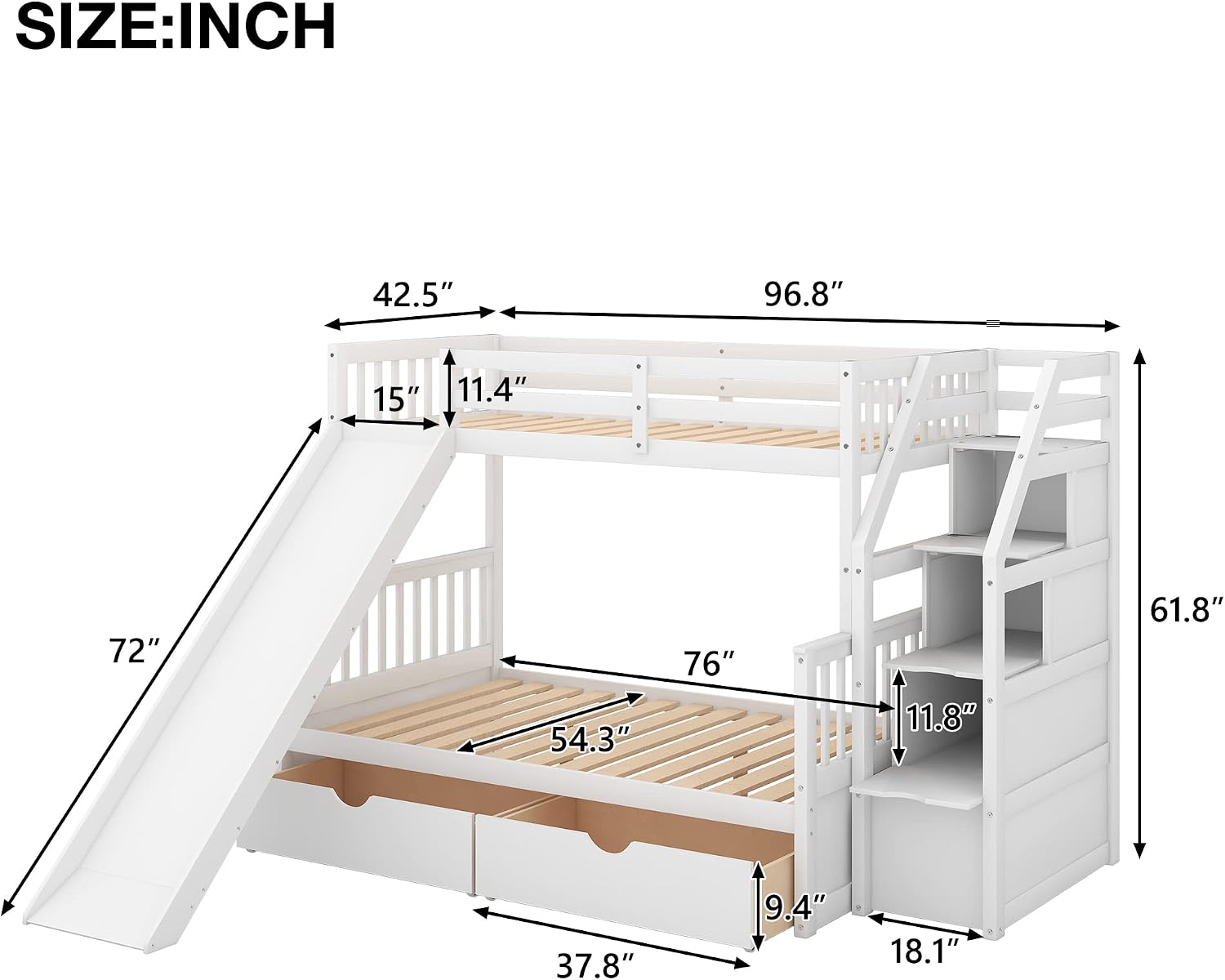 SOFTSEA Twin Over Full Bunk Bed with Staircase and Slide Storage Solid Wood Bunk Beds with Storage Drawers for Kids, No Box Spring Needed