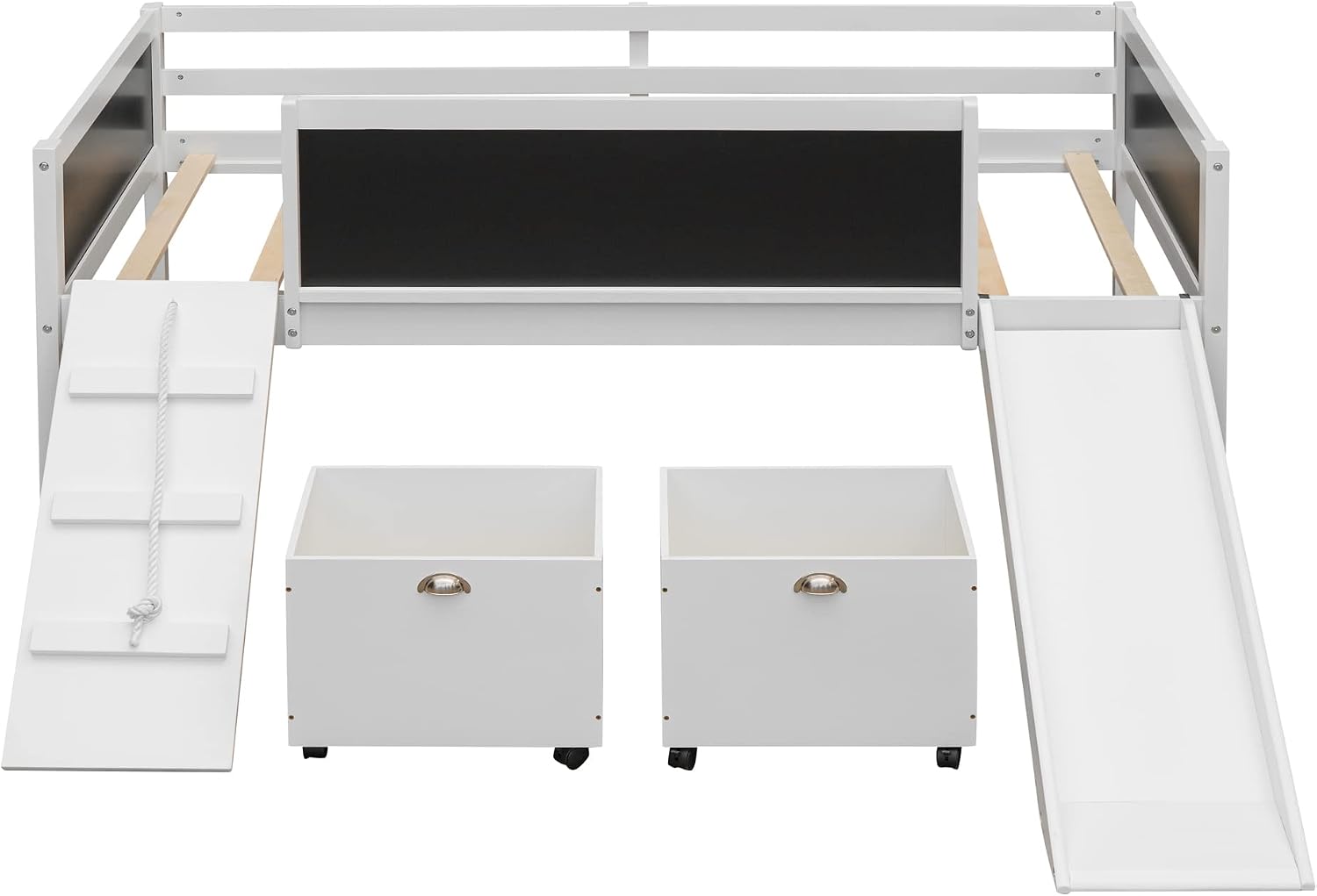 JIVOIT Twin Size Low Loft Bed with Climbing Frame & Rope, Wood Loft Bed Frame with Two Storage Boxes, Slide and Double-Sided Chalkboard, Pine Wood Bed Frame for Kids Teens (White+Rope)