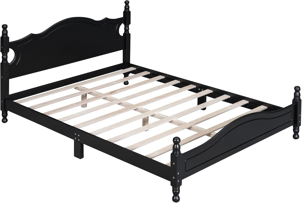 JIVOIT Retro Style Platform Bed with Headboard and Footboard, Queen Size Wood Platform Bed Frame with Wooden Slat Support, Solid Wood Foundation, No Box Spring Required (Black,Queen,5)