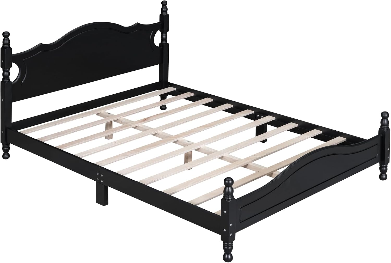 JIVOIT Retro Style Platform Bed with Headboard and Footboard, Queen Size Wood Platform Bed Frame with Wooden Slat Support, Solid Wood Foundation, No Box Spring Required (Black,Queen,5)