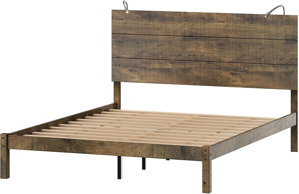 3-Piece Bedroom Set, Full Size Farmhouse Wooden Platform Bed Frame with Headboard and Built-In Lights, 2-Drawer Nightstands,Under-Bed Storage,Easy Assembly (Antique Walnut, Full 3 Piece Set)