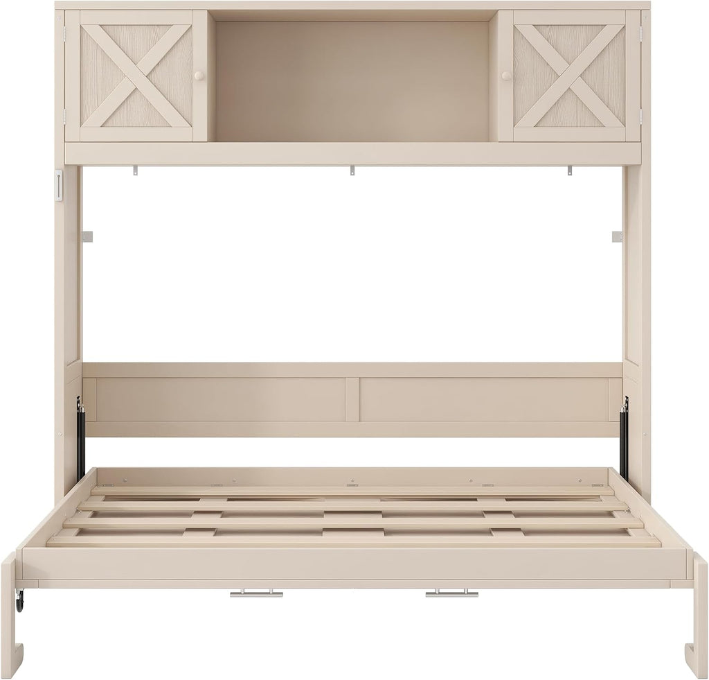 Harper & Bright Designs Full Size Murphy Bed, Wood Hidden Foldable Wall Bed Frame with Storage Cabinet for Bedroom, Office, Space-Saving, Beige