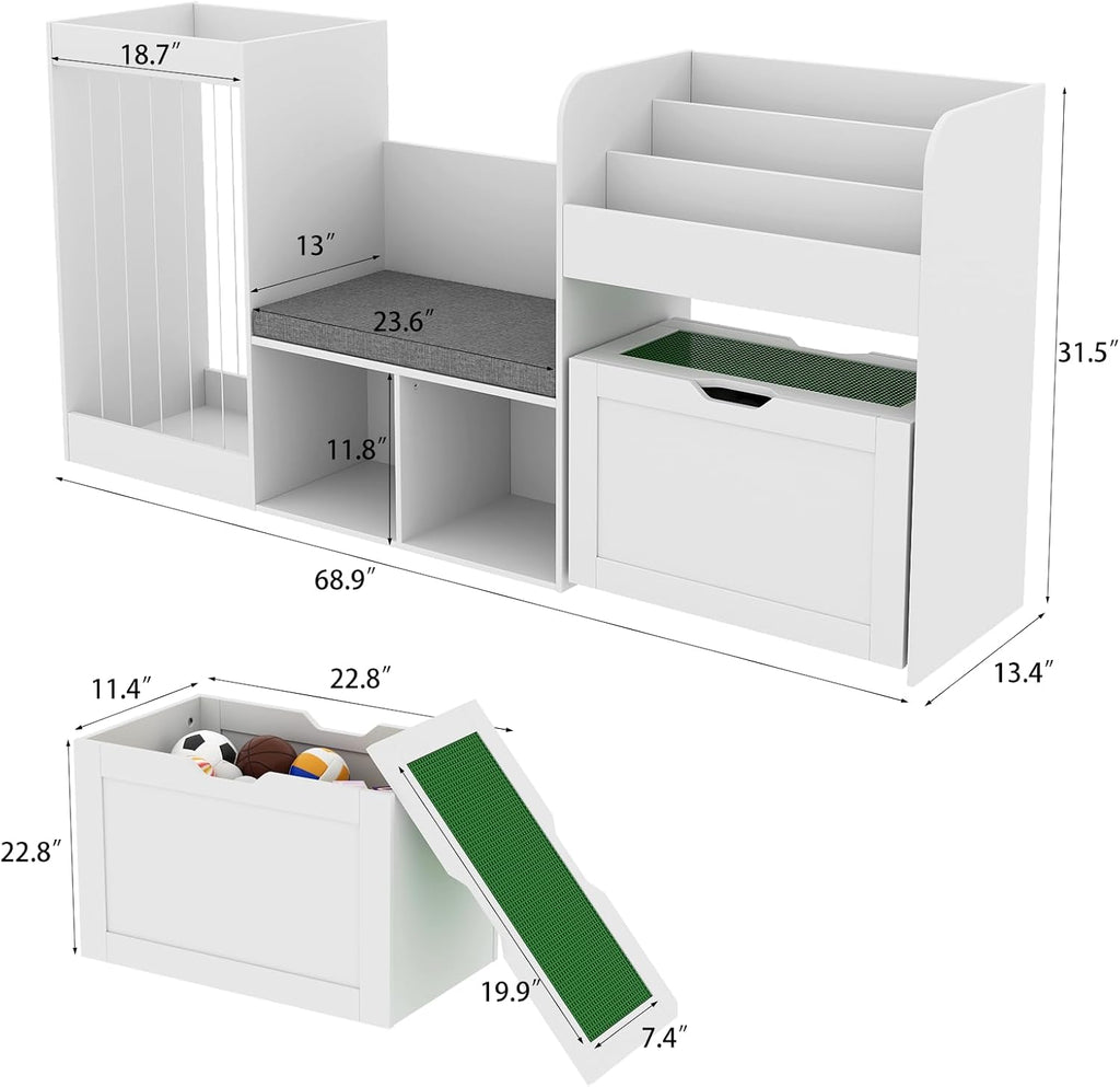 68.9' W Kids Reading Nook, Toy Storage Box with Removable Building Baseplate Play Lid for Lego, Wooden Bookshelf with Stuffed Animal Storage, Bench and Removable Cushions for Playroom(White)