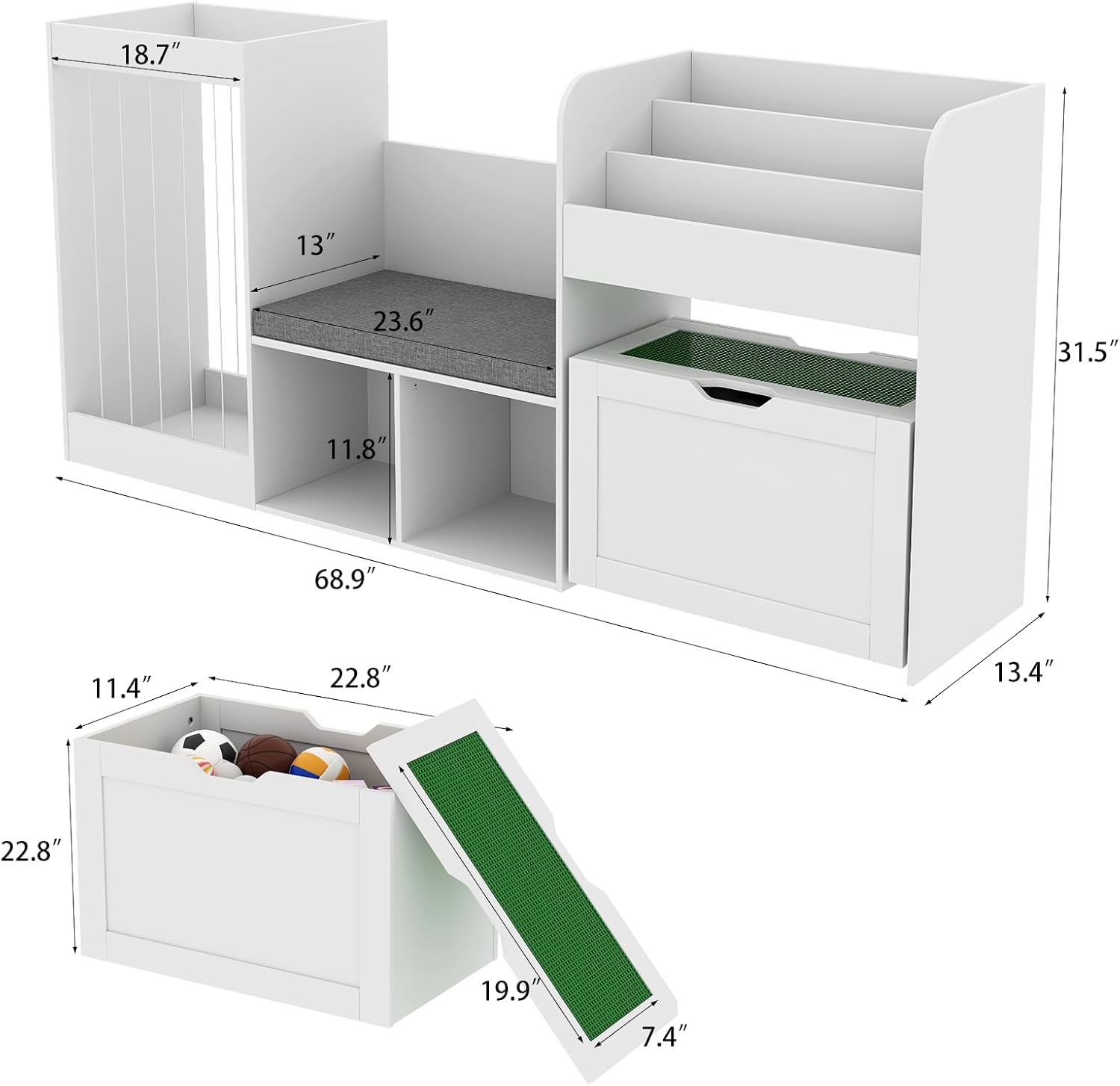 68.9' W Kids Reading Nook, Toy Storage Box with Removable Building Baseplate Play Lid for Lego, Wooden Bookshelf with Stuffed Animal Storage, Bench and Removable Cushions for Playroom(White)