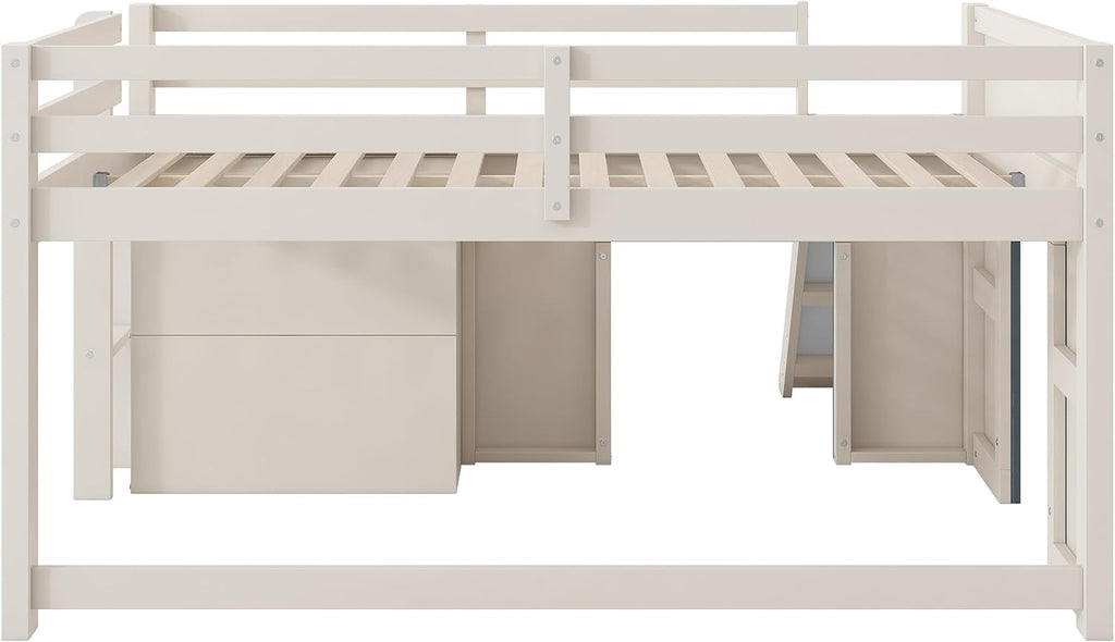 JIVOIT Wooden Low Loft Bed with Slide, Full Size Loft Bed with Three Storage Drawers and Two Doors, Wood Slat Support, No Box Spring Required