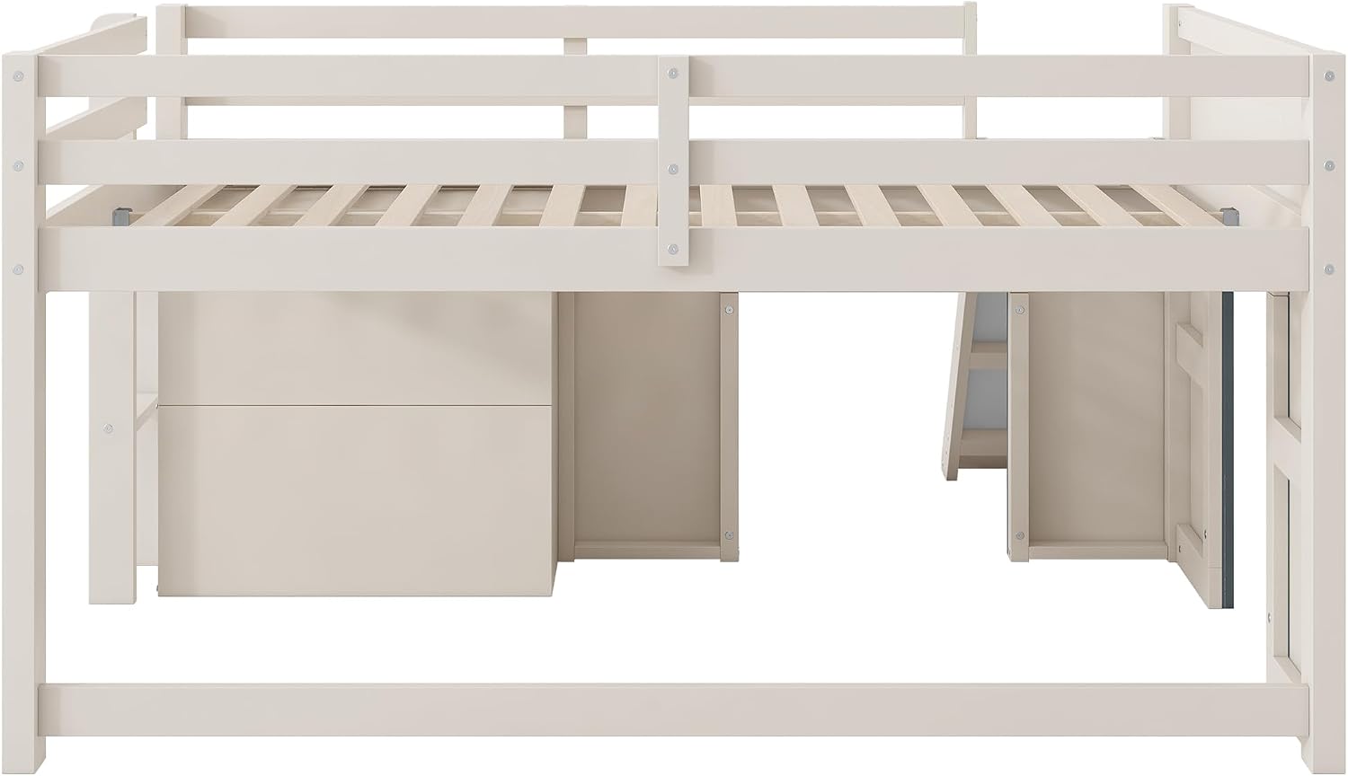 JIVOIT Wooden Low Loft Bed with Slide, Full Size Loft Bed with Three Storage Drawers and Two Doors, Wood Slat Support, No Box Spring Required