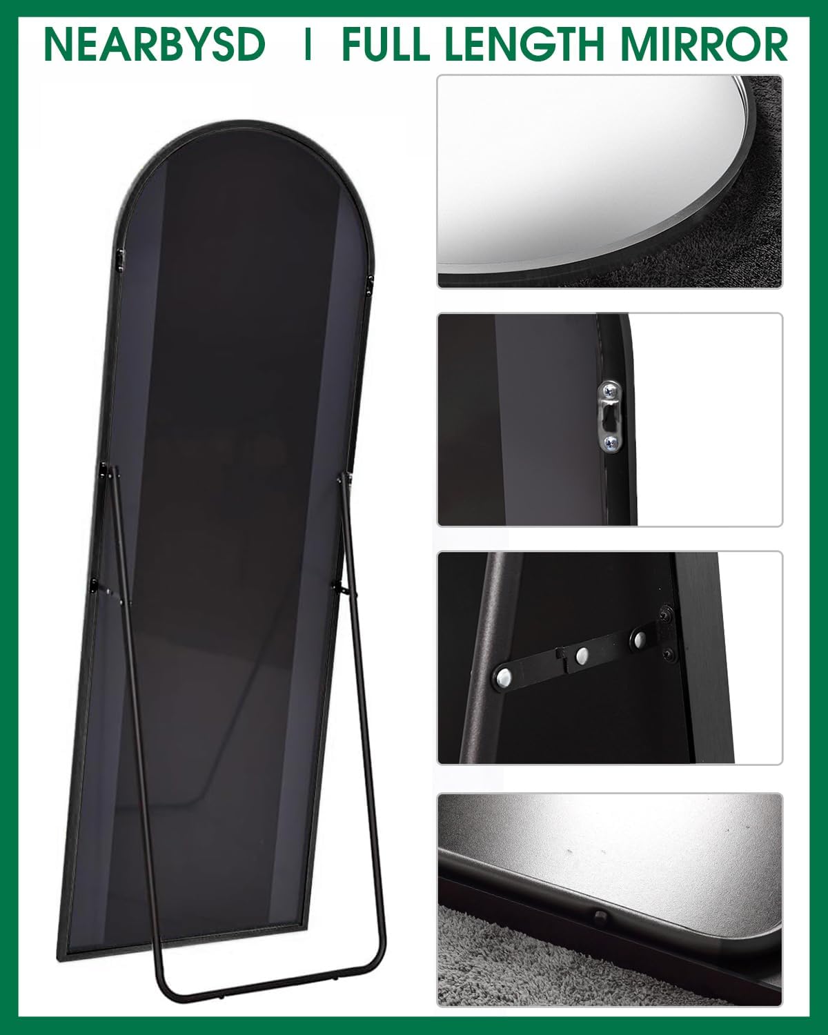 NEARBYSD Oversized Full Body Mirror with Stand, Arched Full Length Mirror, 76' x 34', Hanging or Leaning, Wall Mounted with Aluminum (Black)
