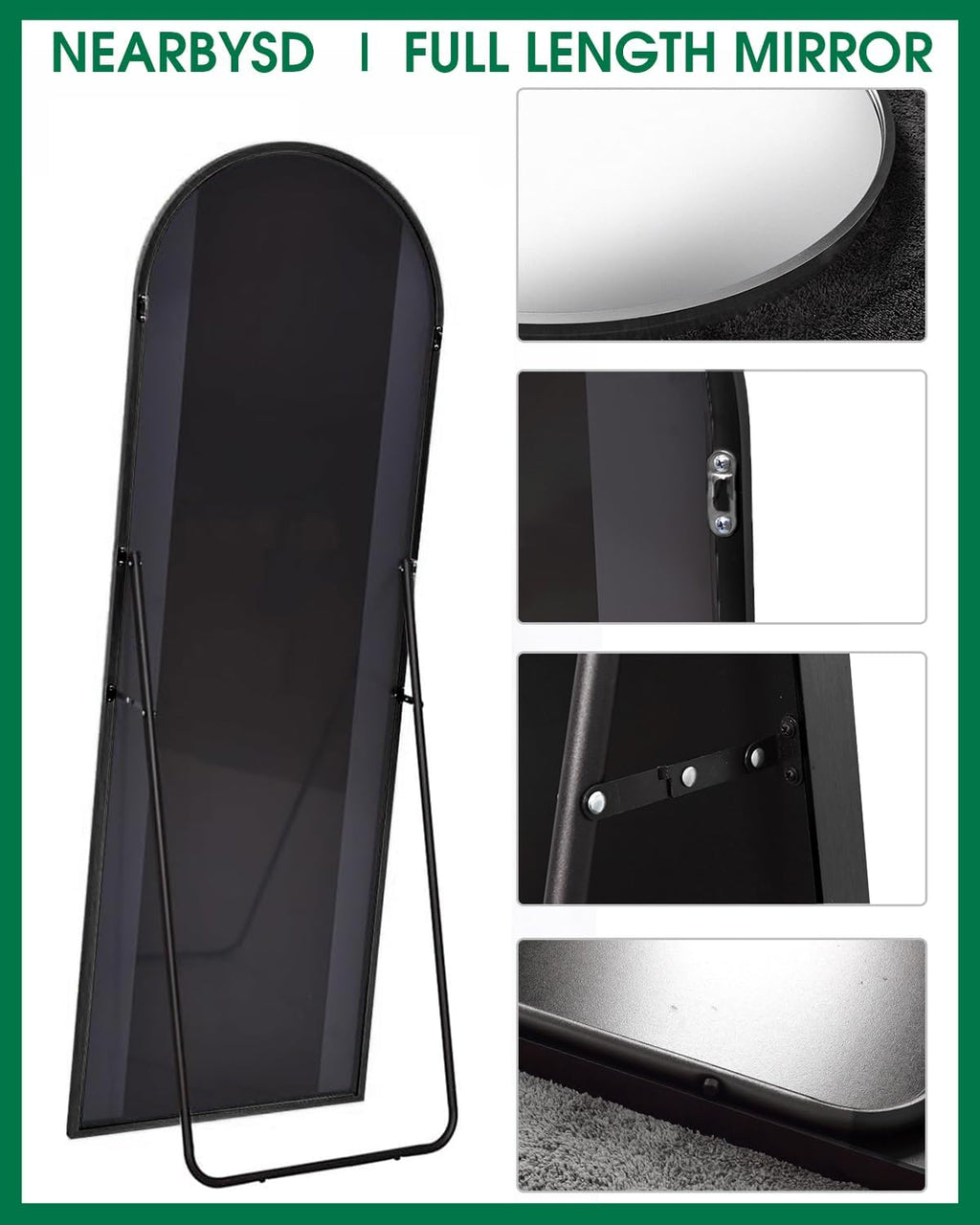 NEARBYSD Arched Full Length Mirror77 x38 Full Body Floor Mirror Standing Hanging or Leaning Wall, Arch Wall Mirror with Stand Aluminum Alloy Frame for Bedroom Cloakroom Black