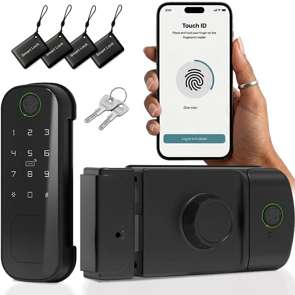 Smart Latch Double Side Gate Lock, Keyless Fingerprint Rim Lock with Keypad, Password & IC Card - Waterproof Electronic Digital Door Deadbolt for Outdoor Fence (Dark Black)