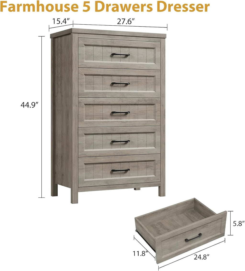 Jocoevol 5 Drawer Dresser for Bedroom - Farmhouse 44.9' Tall Chest of Dresser with Large Storage, Rubst Wood Construction for Living Room, Hallway & Entryway - Gray