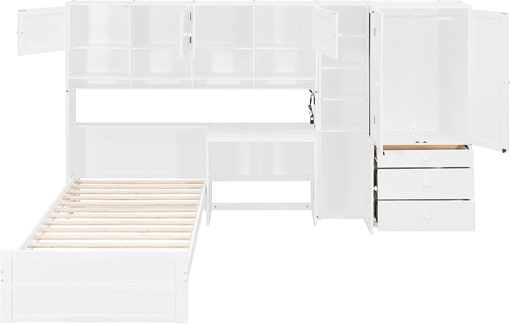 Multifunctional Design Twin Size Platform Bed with All-in-One Vertical Cabinet Bookcase and Desk, Solid Wood Platform Bed Frame with Storage Headboard, Drawers and Shelves (White-1.2)