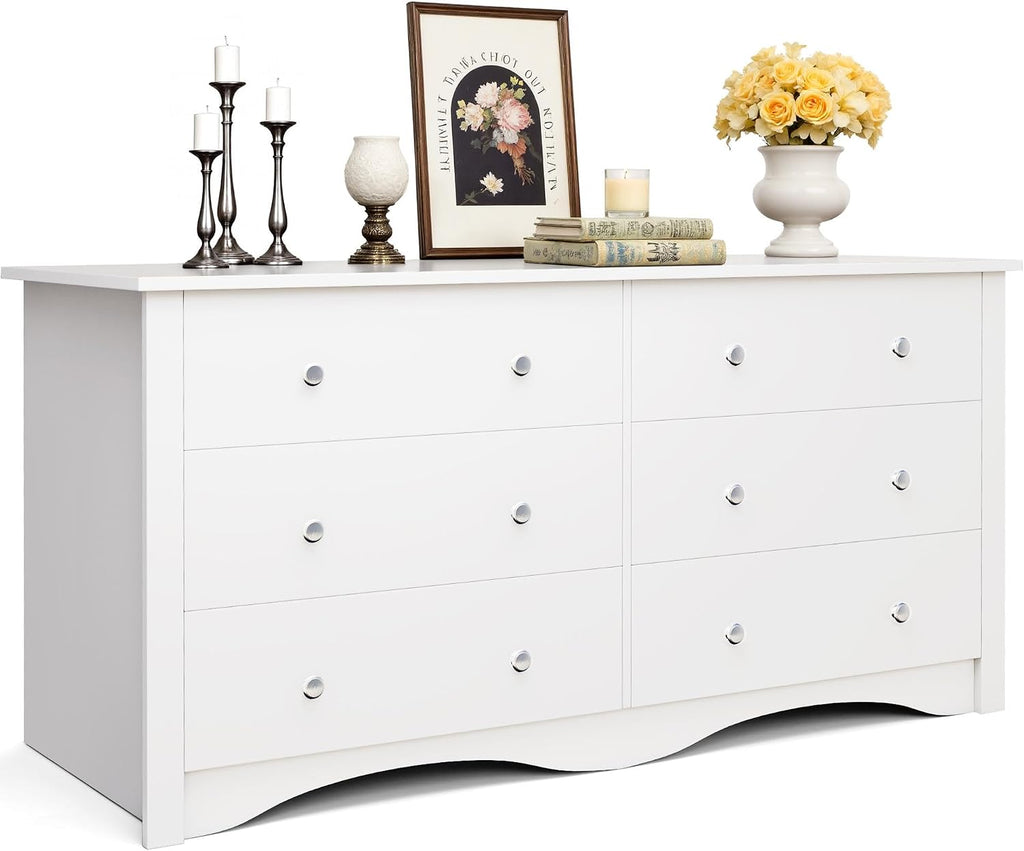 JUMMICO Dresser for Bedroom, 6 Wood Dresser Drawers, Wide Chest of Drawers, TV Stand, Modern Design for Bedroom, Living Room, Hallway, Entryway (White)