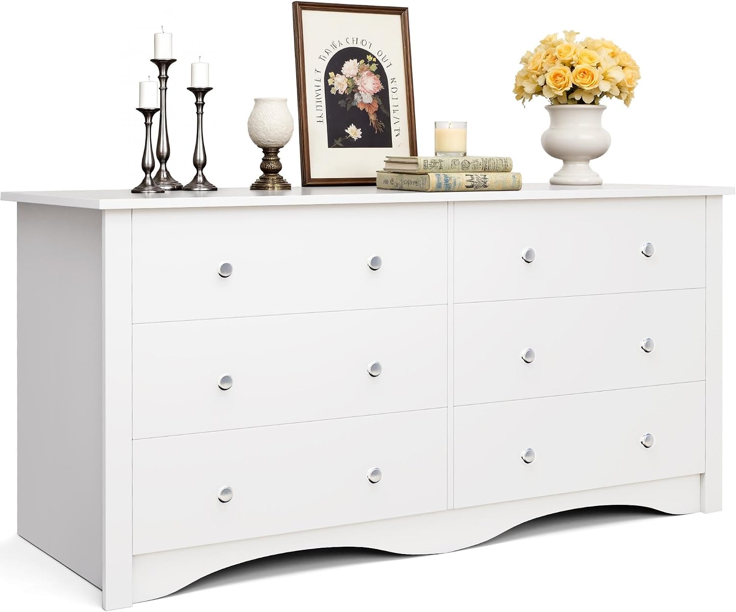 JUMMICO Dresser for Bedroom, 6 Wood Dresser Drawers, Wide Chest of Drawers, TV Stand, Modern Design for Bedroom, Living Room, Hallway, Entryway (White)