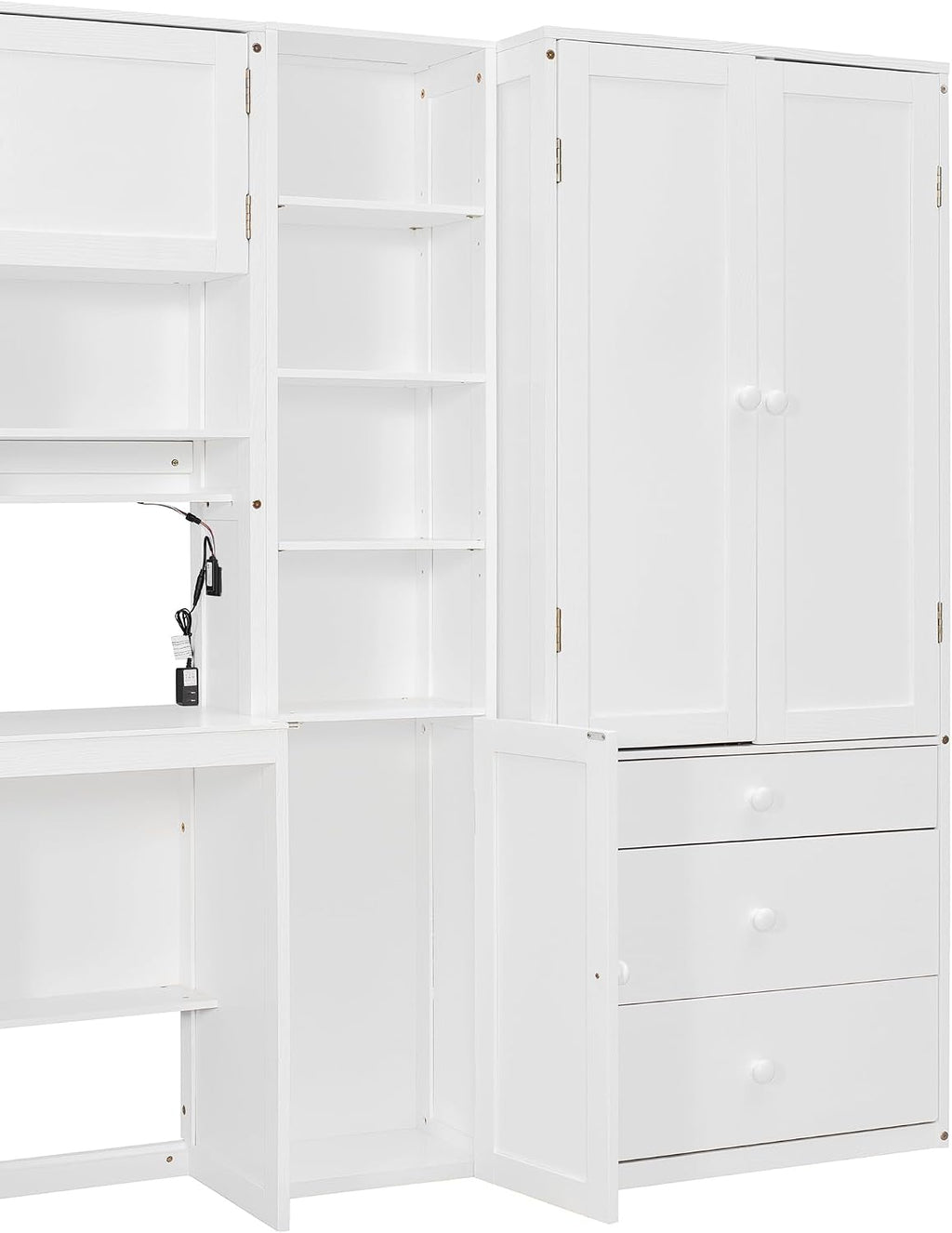 Multifunctional Design Twin Size Platform Bed with All-in-One Vertical Cabinet Bookcase and Desk, Solid Wood Platform Bed Frame with Storage Headboard, Drawers and Shelves (White-1.2)