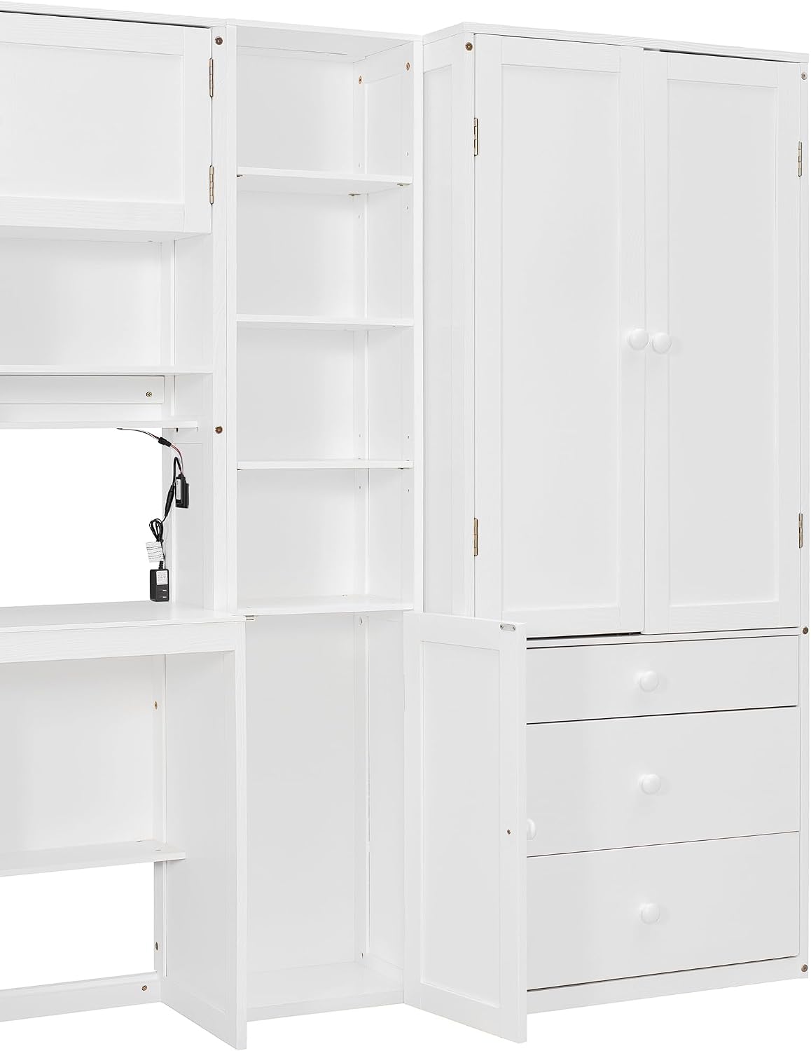 Multifunctional Design Twin Size Platform Bed with All-in-One Vertical Cabinet Bookcase and Desk, Solid Wood Platform Bed Frame with Storage Headboard, Drawers and Shelves (White-1.2)