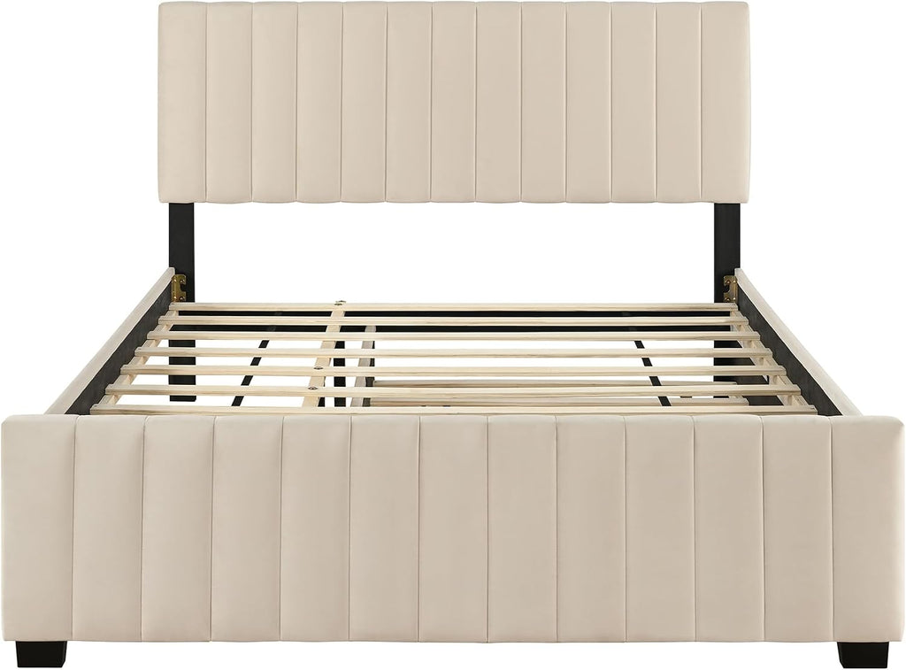 VilroCaz Modern Queen Size Velvet Upholstered Platform Bed with Twin Size Trundle Bed, Channel Tufted Headboard and Footboard, Sturdy Slats Support (Beige-5.25)