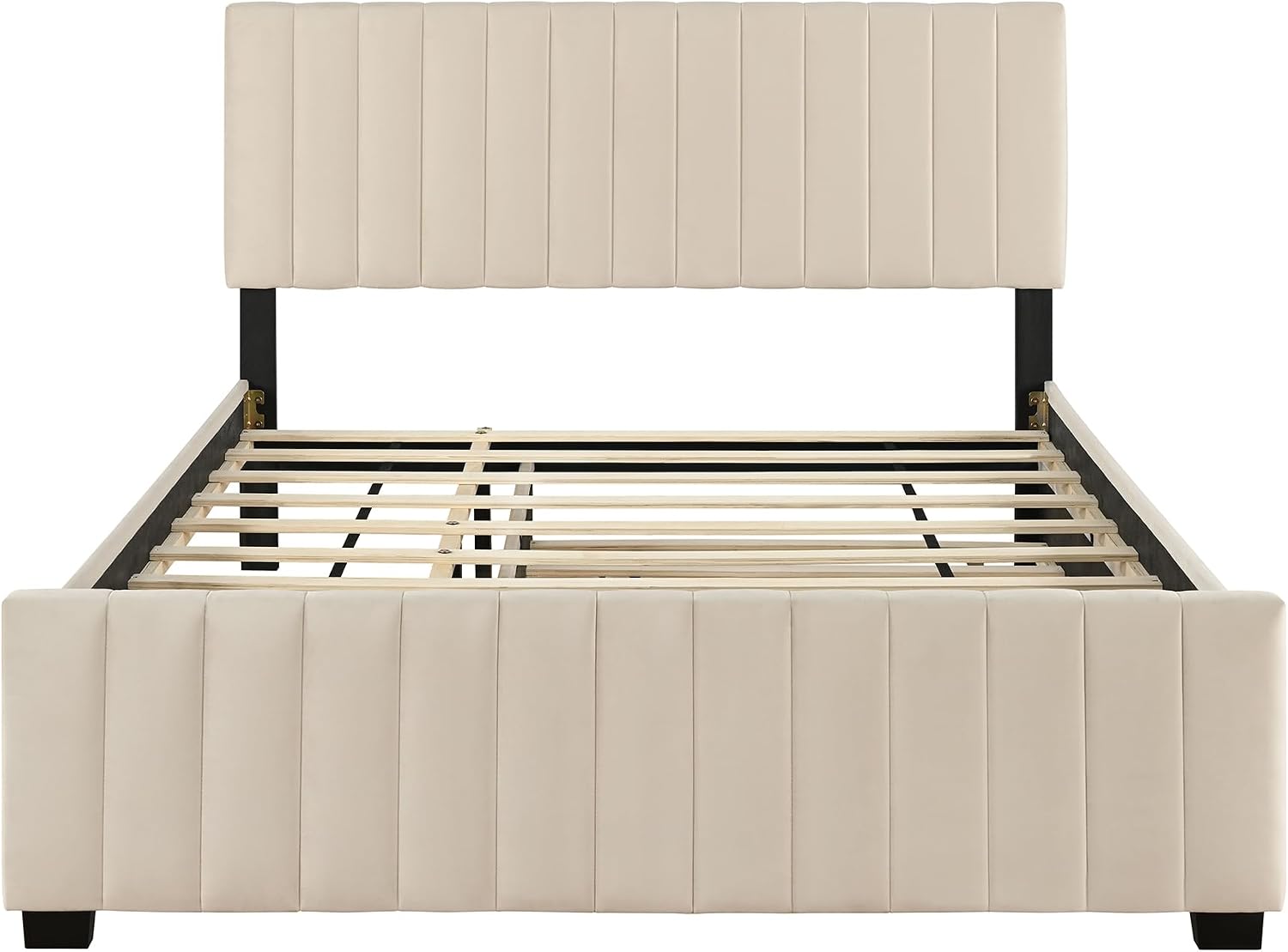 VilroCaz Modern Queen Size Velvet Upholstered Platform Bed with Twin Size Trundle Bed, Channel Tufted Headboard and Footboard, Sturdy Slats Support (Beige-5.25)