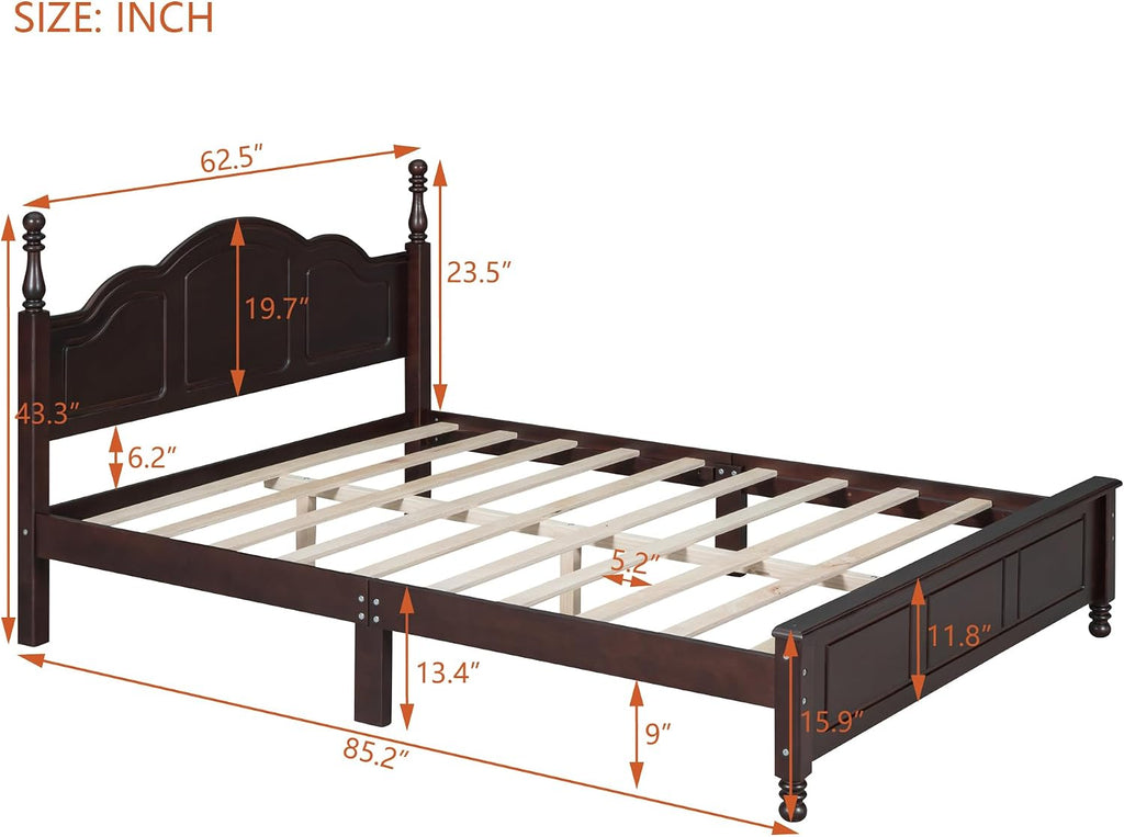 JIVOIT Wood Queen Bed Frame with Headboard and Footboard, Retro Style Platform Bed with Wooden Slat Support, Solid Wood Foundation, Queen Size Wooden Bed Frame (Dark Walnut, Queen Bed, 1)