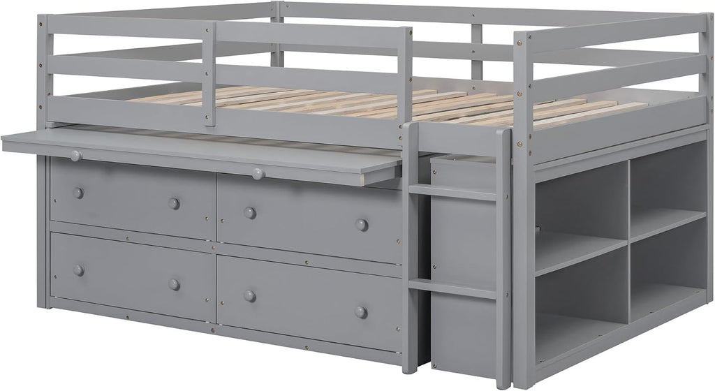 JIVOIT Full Size Low Loft Bed with Retractable Writing Desk, Storage Bed with 4 Drawers and Shelves, Wooden Loft Bed with Lateral Portable Desk for Kids Teens Adults Bedroom (Gray,Full,9)
