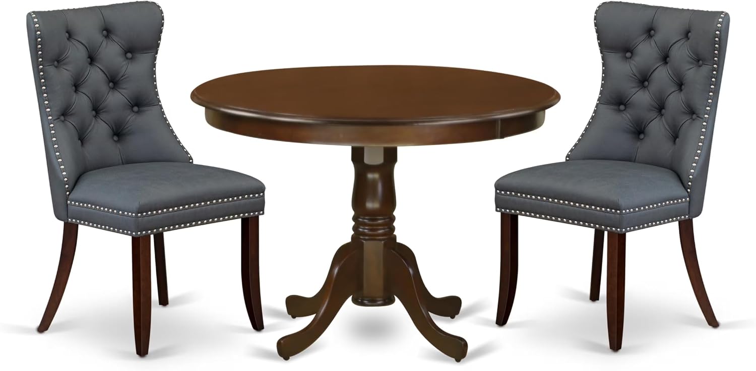 East West Furniture HLDA3-MAH-13 3 Piece Kitchen Table & Chairs Set Includes a Round Dining Table with Pedestal and 2 Polyester Fabric Upholstered Chairs, 42x42 Inch, Mahogany