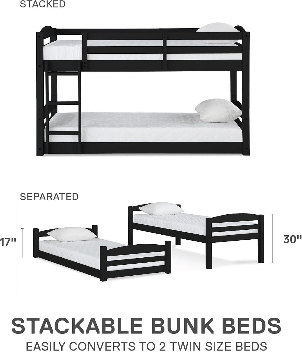 DHP Phoenix Twin Bunk Bed with Ladder, Black, Space-Saving Design, Solid Wood Construction