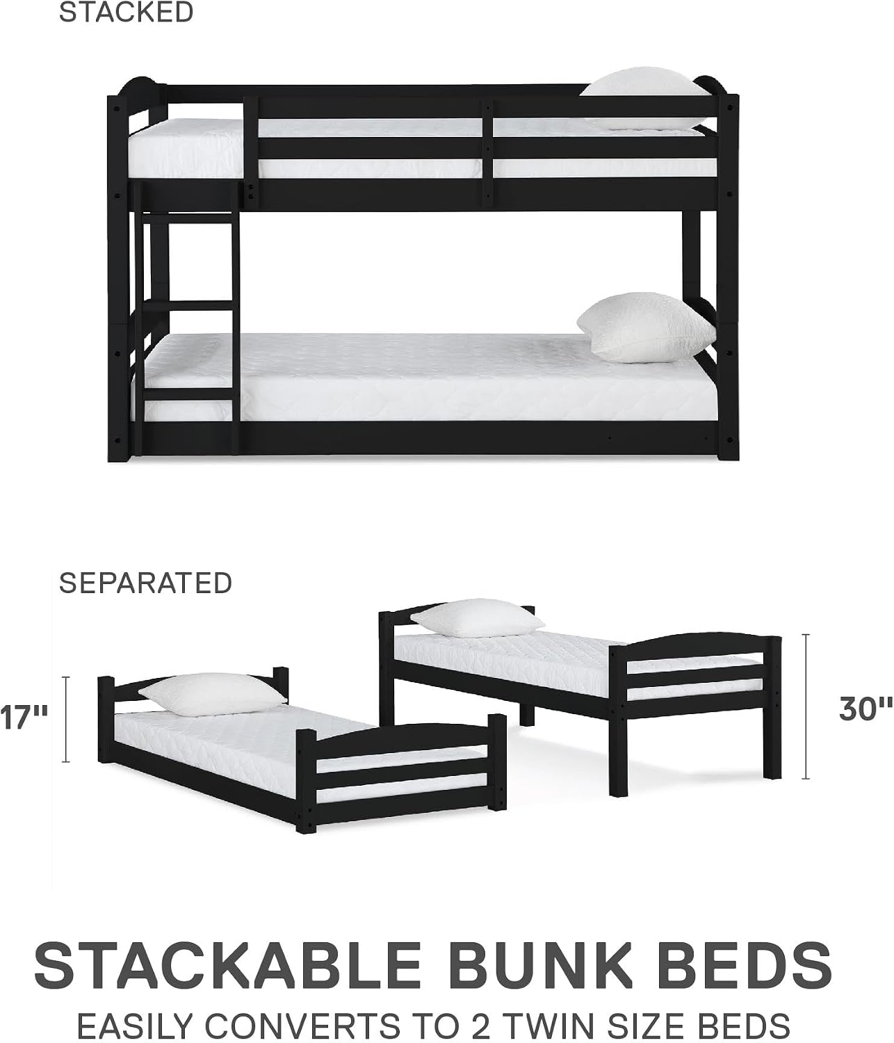 DHP Phoenix Twin Bunk Bed with Ladder, Black, Space-Saving Design, Solid Wood Construction