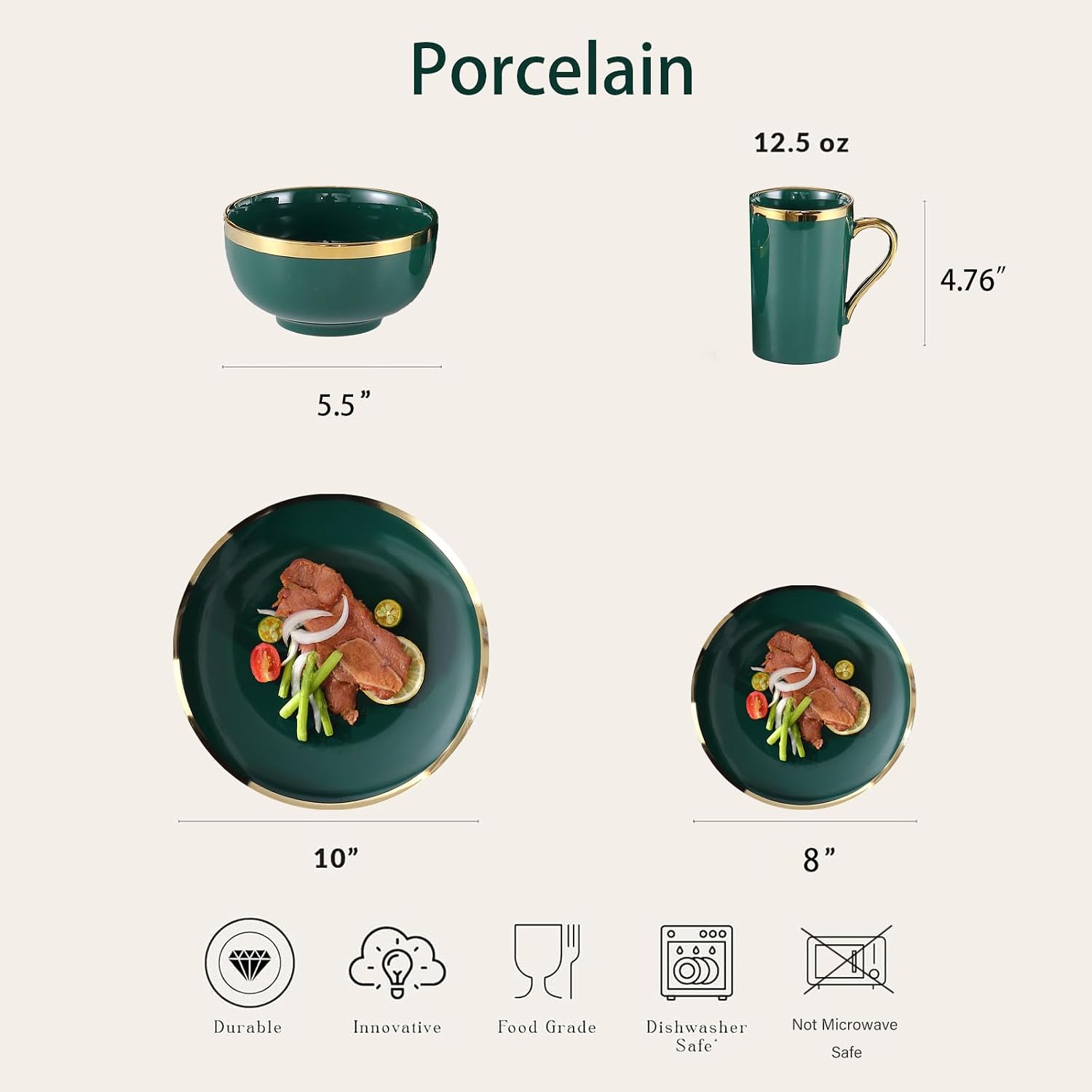 Modern 16 Piece Porcelain Green and Gold Dinnerware Set, Stoneware Dinnerware Sets for 4, Plates and Bowls Sets, Dish Set with Gold Trim,Dishes