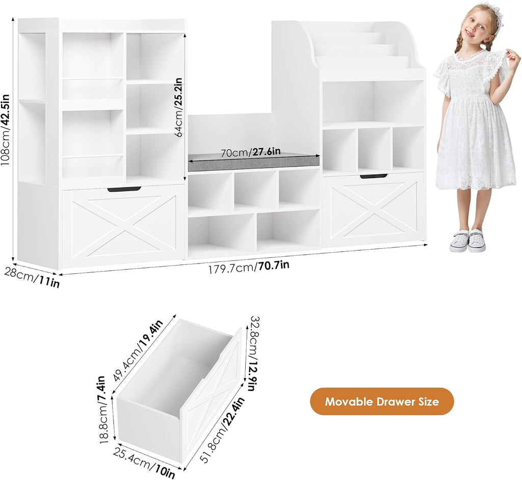 FINETONES 75' W Kids Bookshelf with Reading Nook, Large Toy Storage Toy Organizer with Seat Cushion and 2 Movable Drawers, Kids Reading Nook Kid Bench for Playroom Living Room, White
