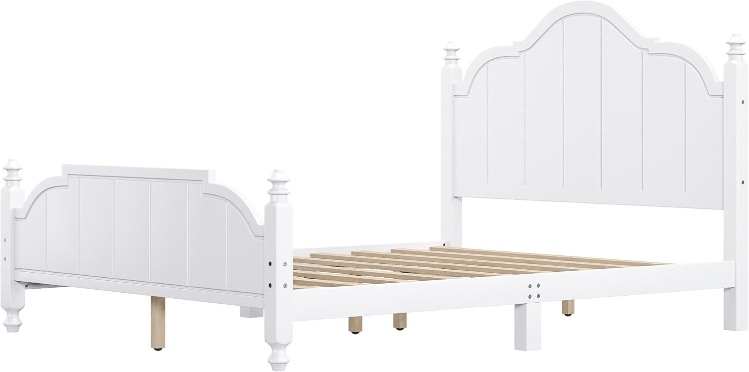 JIVOIT Vintage Wooden Bed Frame, Queen Size Platform Bed with Wide Headboard, Wood Slats Support, No Spring Box Needed, Easy Assembly (White-Queen,2)