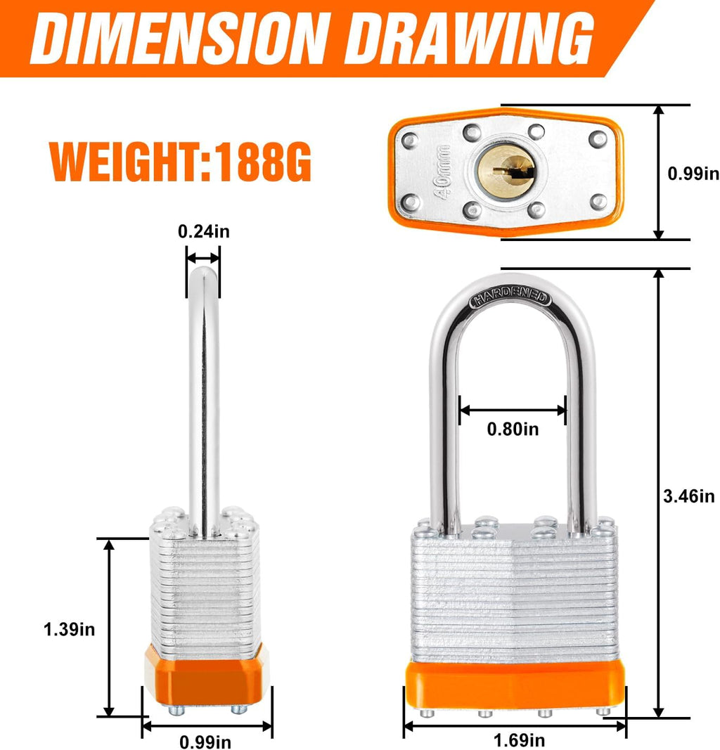 48Pcs Padlocks with Same Keys,Laminated Steel Orange Silver(1-9/16',40mm),Long Shackle for Sheds,Gates,Fences,Toolbox,Outdoor and Indoor Use