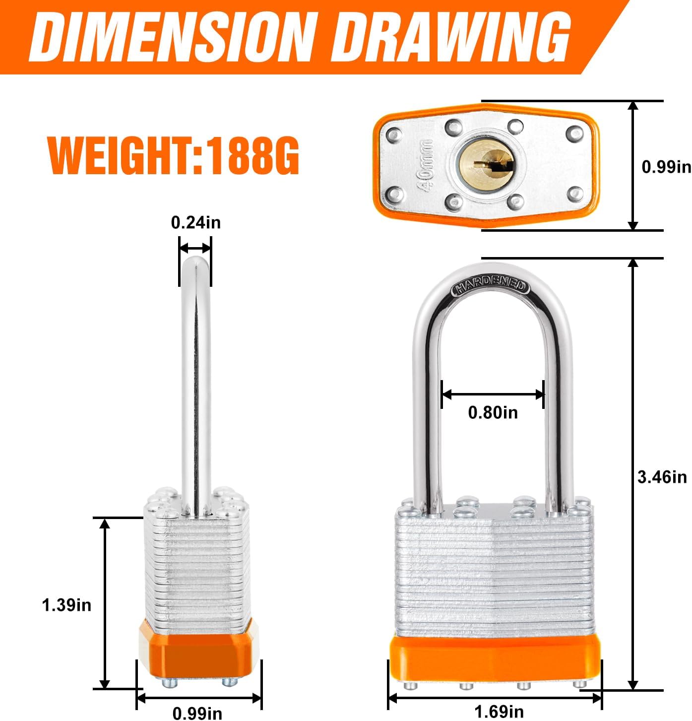 48Pcs Padlocks with Same Keys,Laminated Steel Orange Silver(1-9/16',40mm),Long Shackle for Sheds,Gates,Fences,Toolbox,Outdoor and Indoor Use