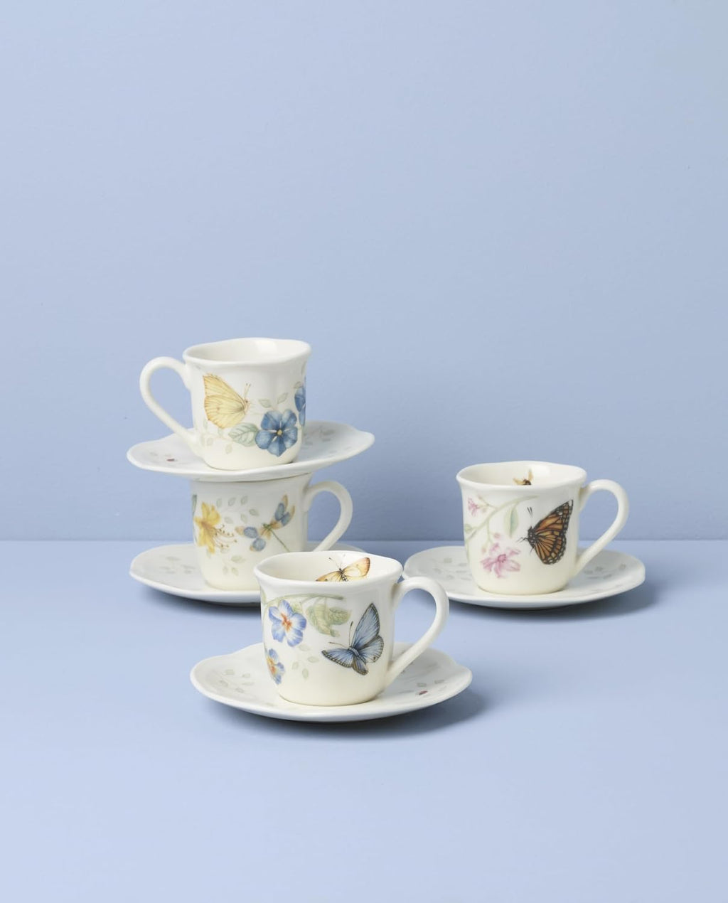 Lenox 897806 Butterfly Meadow Espresso Cup & Saucer, Set Of 4, Service For 4