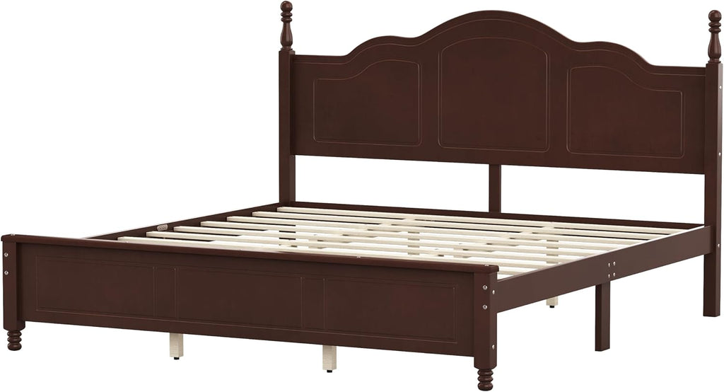 JIVOIT Wood King Bed Frame with Headboard and Footboard, Retro Style Platform Bed with Wooden Slat Support, Solid Wood Foundation, King Size Wooden Bed Frame (Dark Walnut,King Bed, 1)