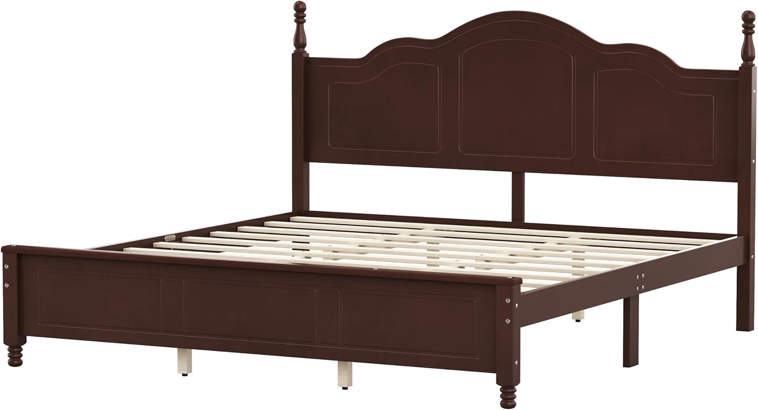 JIVOIT Wood King Bed Frame with Headboard and Footboard, Retro Style Platform Bed with Wooden Slat Support, Solid Wood Foundation, King Size Wooden Bed Frame (Dark Walnut,King Bed, 1)