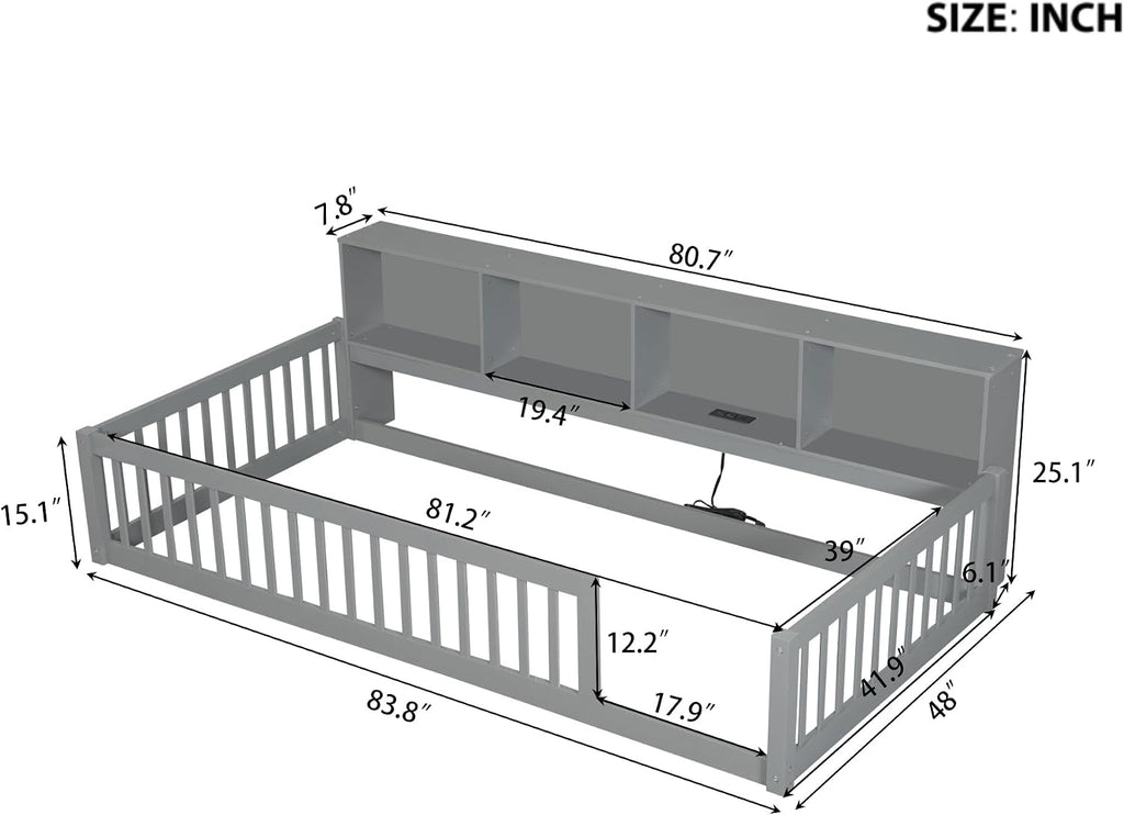 Bellemave Kids Montessori Floor Bed Twin XL Size,Floor Bed Frame with Bookcase and Charging Station for Kids Boys Girls,Gray