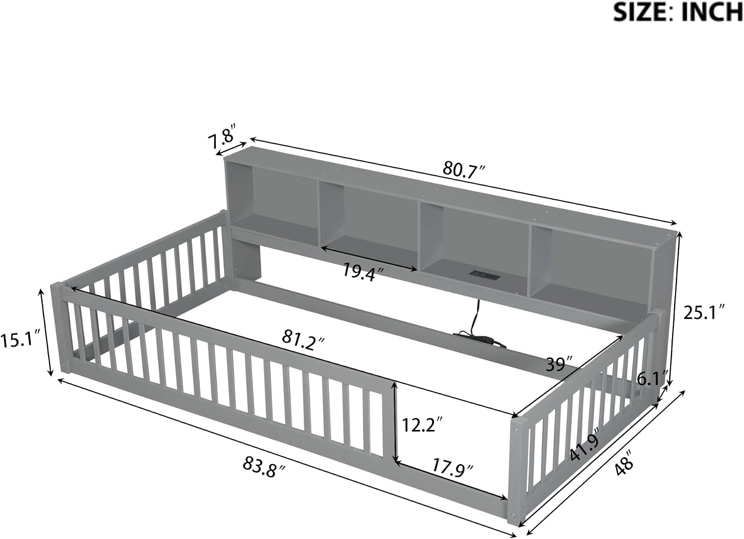 Bellemave Kids Montessori Floor Bed Twin XL Size,Floor Bed Frame with Bookcase and Charging Station for Kids Boys Girls,Gray