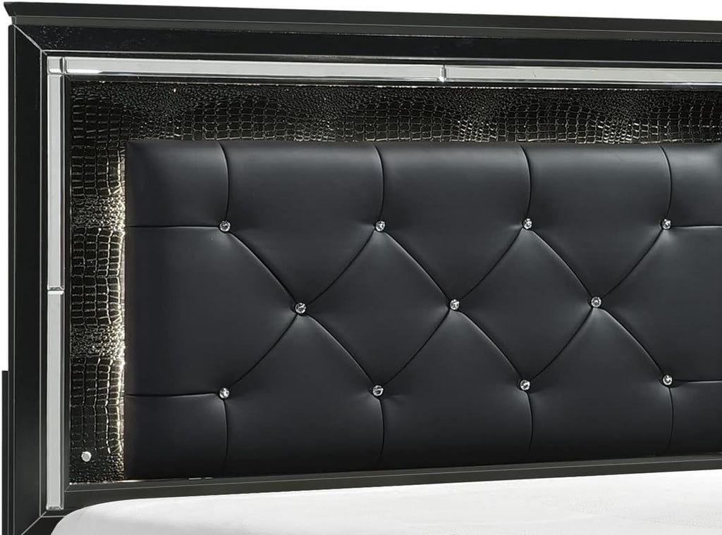 Glamorous Black Finish 3pc Bedroom Set Full Size Bed and Nightstands LED Lighting Tufted Headboard Modern Glam Style