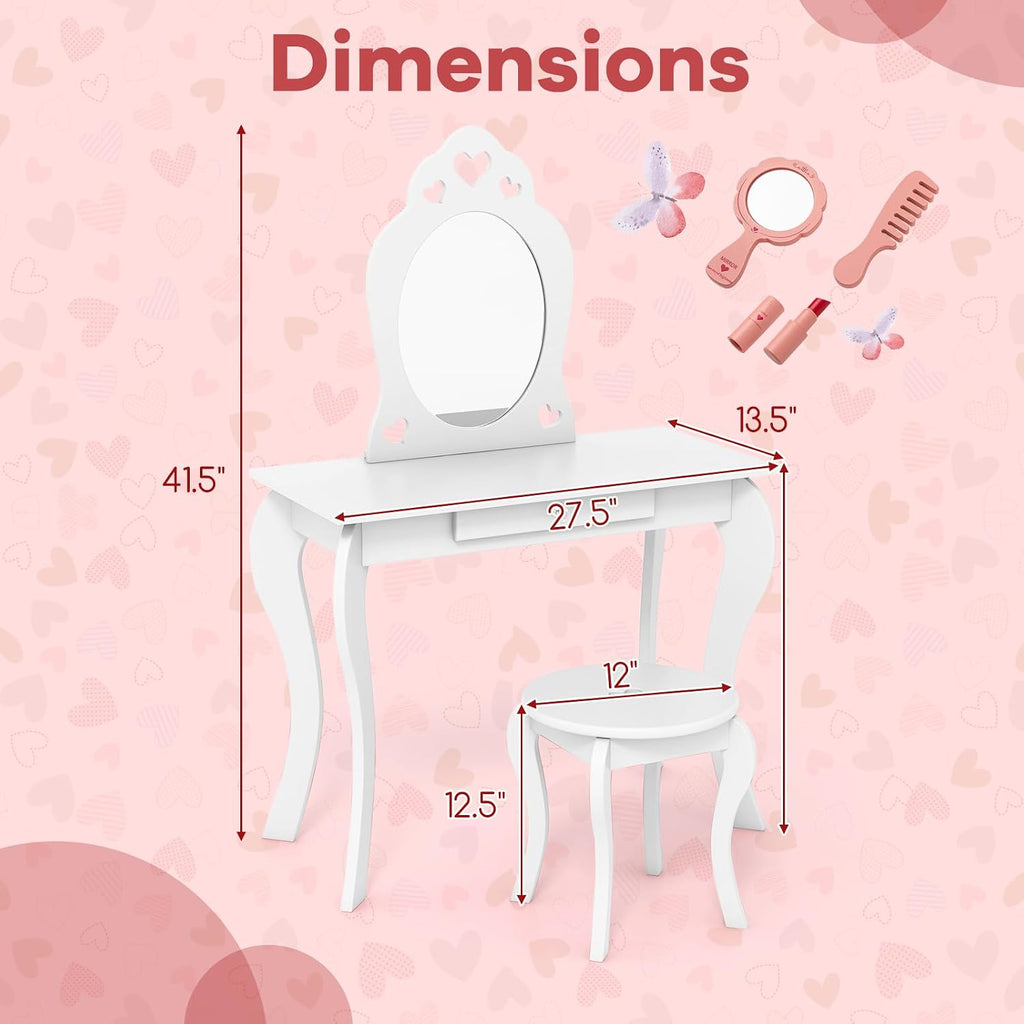 HONEY JOY 4 Piece Kids Vanity Set & Jewelry Armoire Cabinet, Snowflake Wooden Makeup Table & Chair Set, Dress Up Jewelry Organizer w/Full-Length Mirror, Kids Bedroom Furniture for Playroom (Pink)