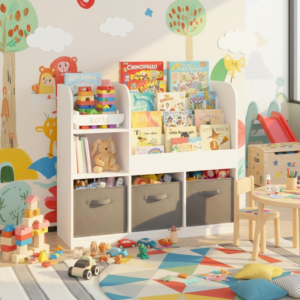 Kids Bookshelf, Wooden Kids Bookcase with 3 Storage Bins for Toy Storage, 4-Tier Shelf for Books & Reading, Multifunctional Toy Box with Bookshelf for Nursery & Bedroom Organization