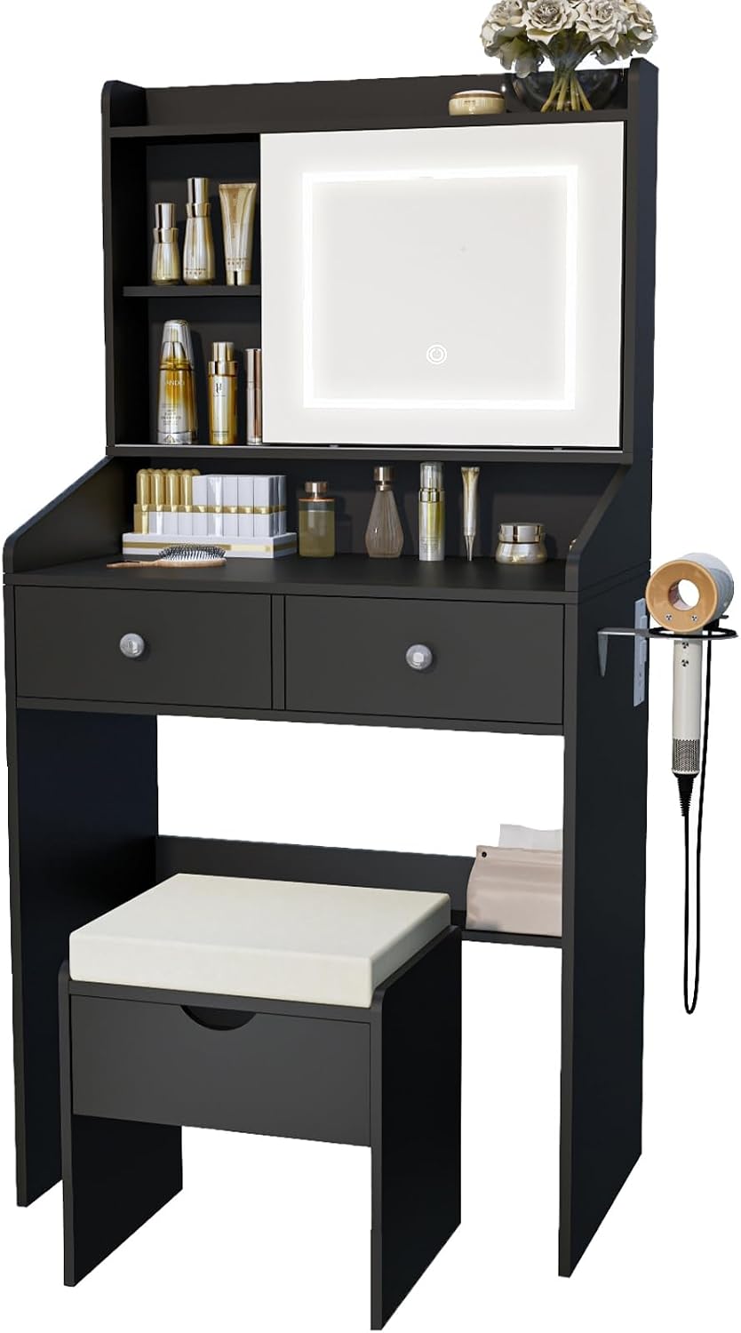 Viaozutis Vanity, Small Vanity Desk with Sliding Mirror, Dimmable LED Lights, 2 Drawers,Vanity Table Ideal for Bedroom (Black)