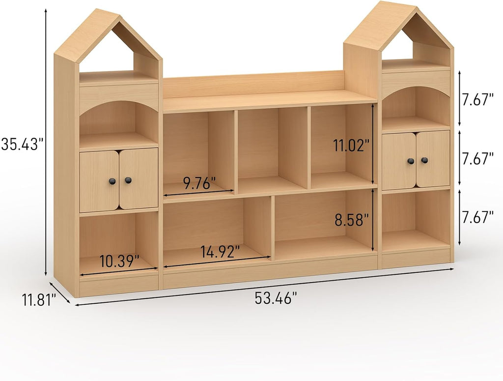 Halitaa Castle Shape Children's Bookshelf, Kids Bookcase Display Case Kids Toy Storage Organizer Multifunctional Storage Cabinet Bookshelf Suitable for Playroom, Children's Room, Living Room, Oak