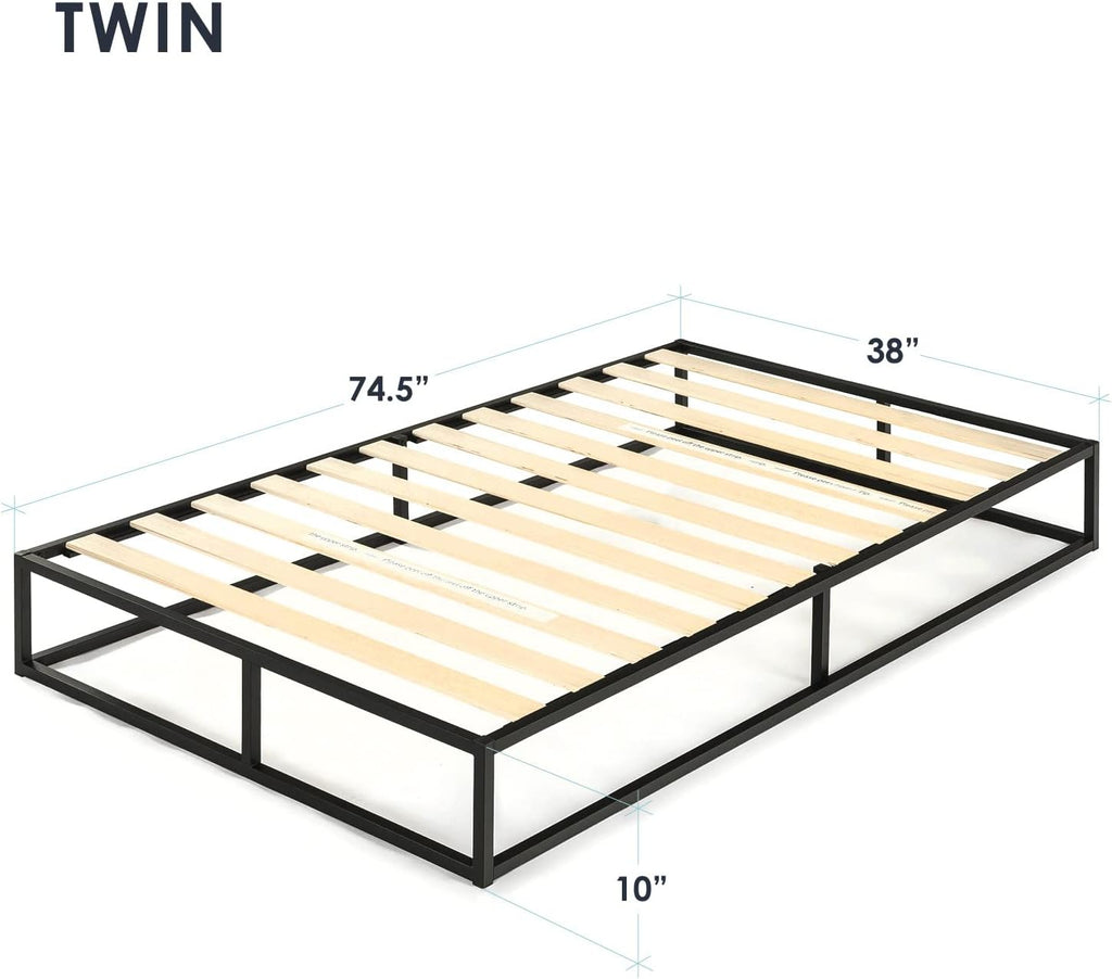 Mellow Modernista Low Profile 10 Inch Metal Platform Bed Frame with Classic Wooden Slat Support Mattress Foundation (No Box Spring Needed), Twin, Black