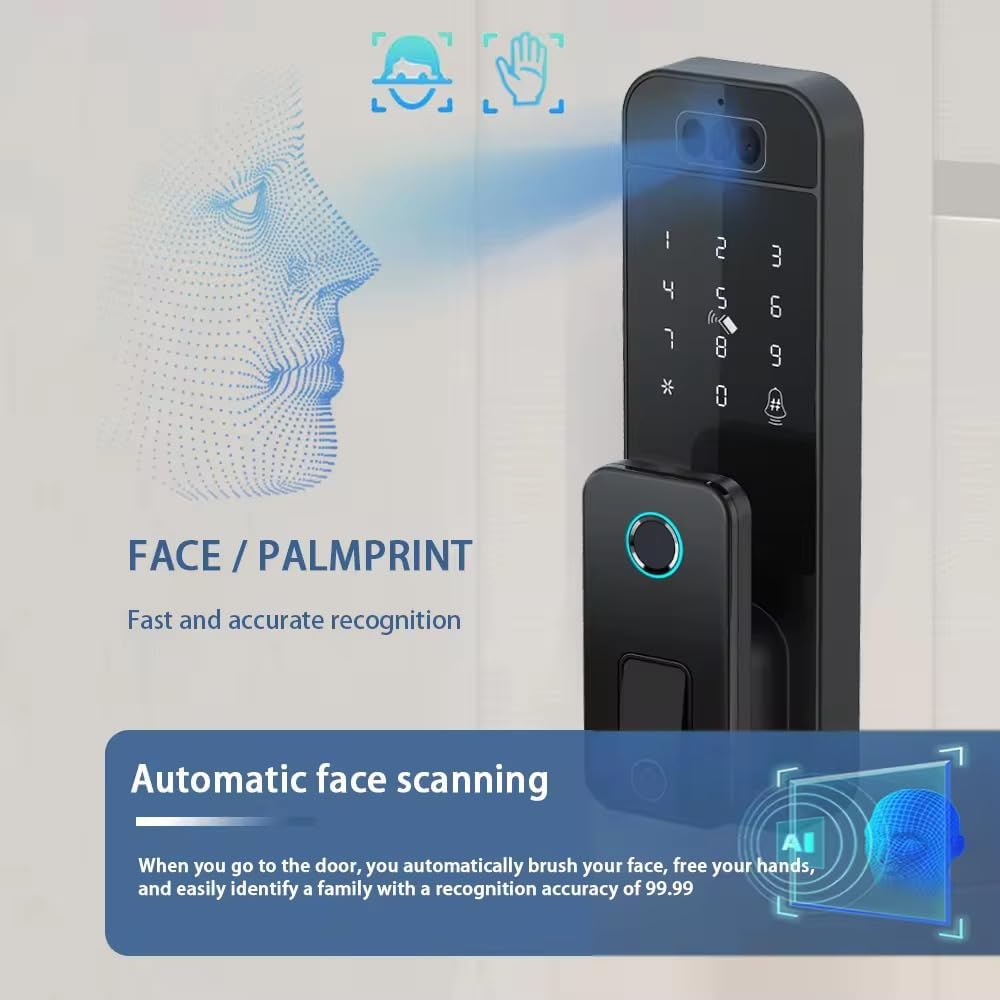 Smart Latch Door Lock with Face Recognition & Doorbell, 7-in-1 Keyless Entry, Palm Vein, Fingerprint, Password, IC Card, Key, Tuya App Control, Auto-Lock, Touchscreen Keypad, Black