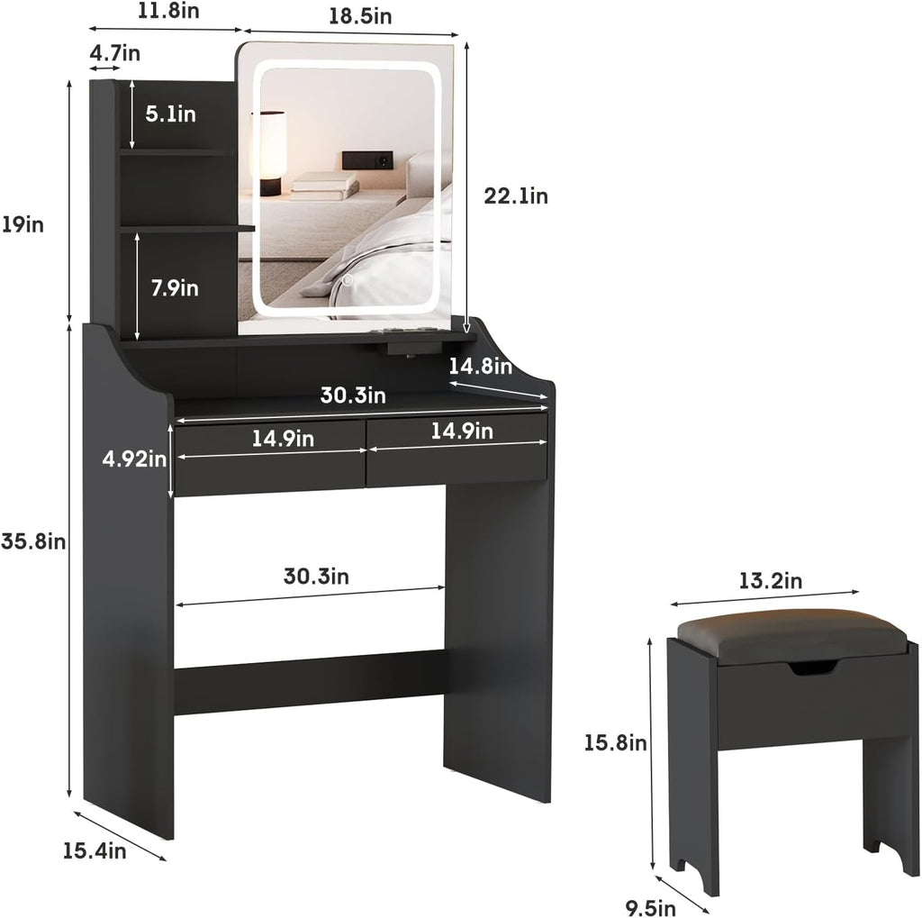 Vabches Vanity Desk with LED Light Mirror and Charging Station, Small Cute Vanity Set with 4 Storage Shelves 2 Drawers, Vanity for Girls Women with Storage Stool, Vanity Table for Bedroom (Black)