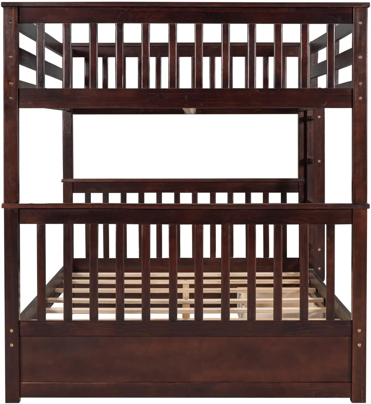 Kids Twin Bunk Bed, Full Size Bed Frame with Drawers Full Over Full with 2 Drawers Ladder and Rail Guard Wood Slats for Boys and Girls Bedroom
