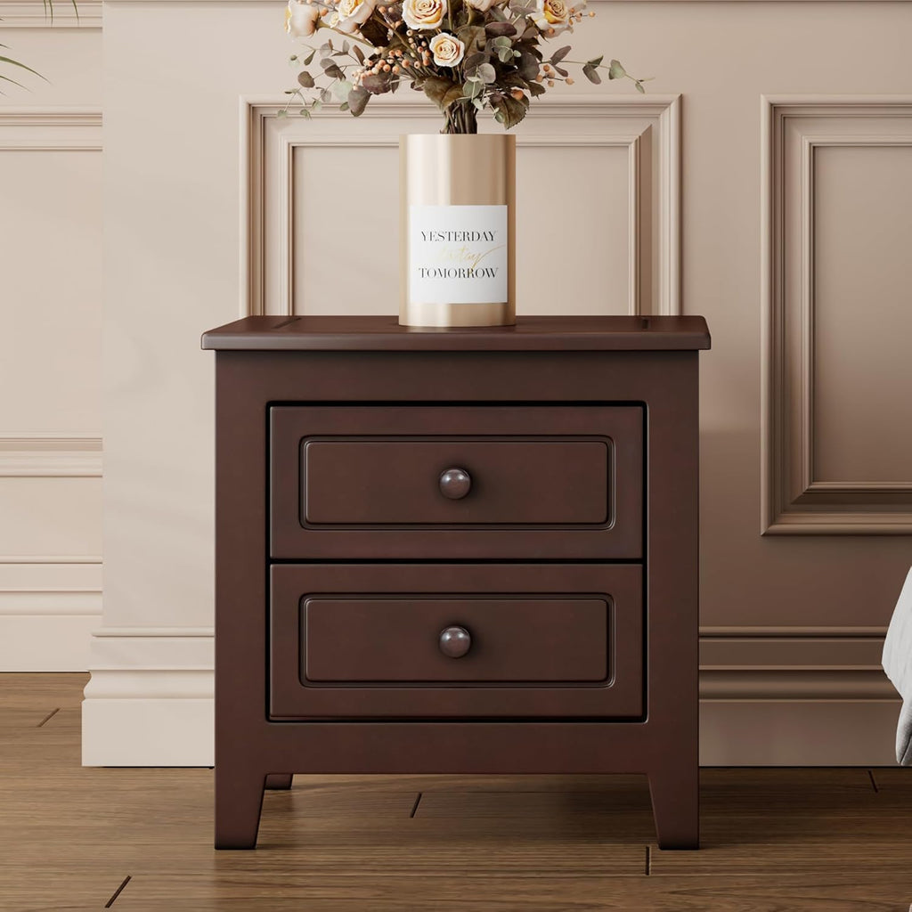 A Three-Piece Furniture Set, A Sturdy Wooden Bed with A Bedside Table, Suitable for A Family Setting(Dark Walnut(Queen))