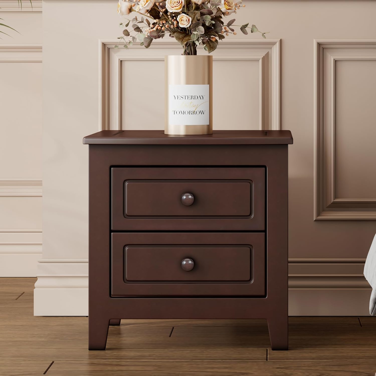 A Three-Piece Furniture Set, A Sturdy Wooden Bed with A Bedside Table, Suitable for A Family Setting(Dark Walnut(Queen))