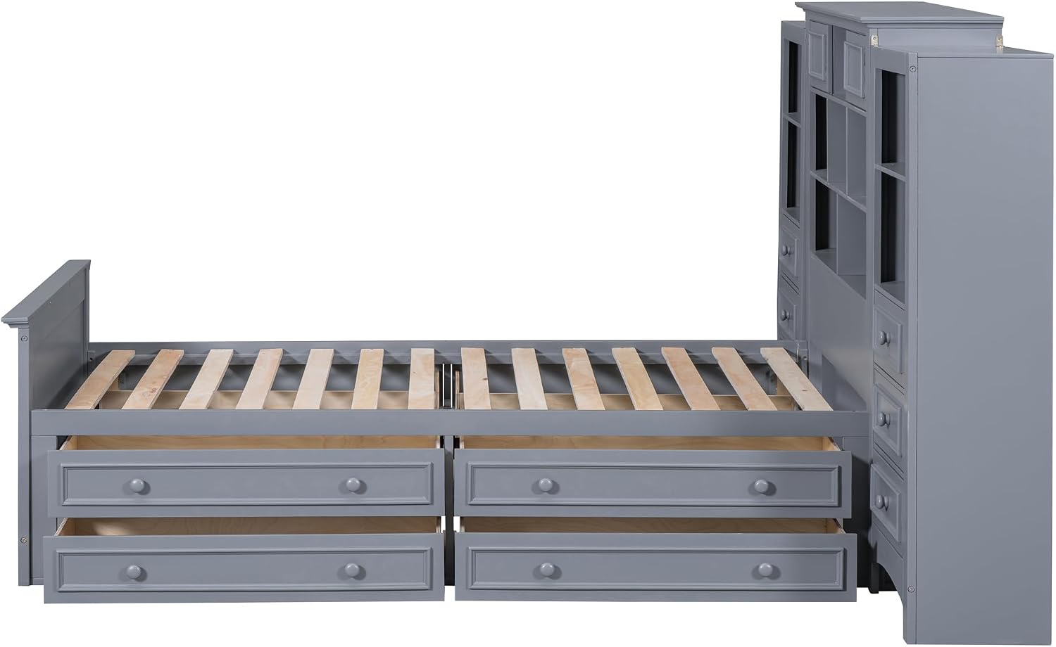 Twin Size Platform Bed with All-in-One Vertical Cabinet Bookcase, Solid Wood Captain's Bed Platform Bed Frame with 4 Drawers on Each Side, Storage Headboard (Grey-A)