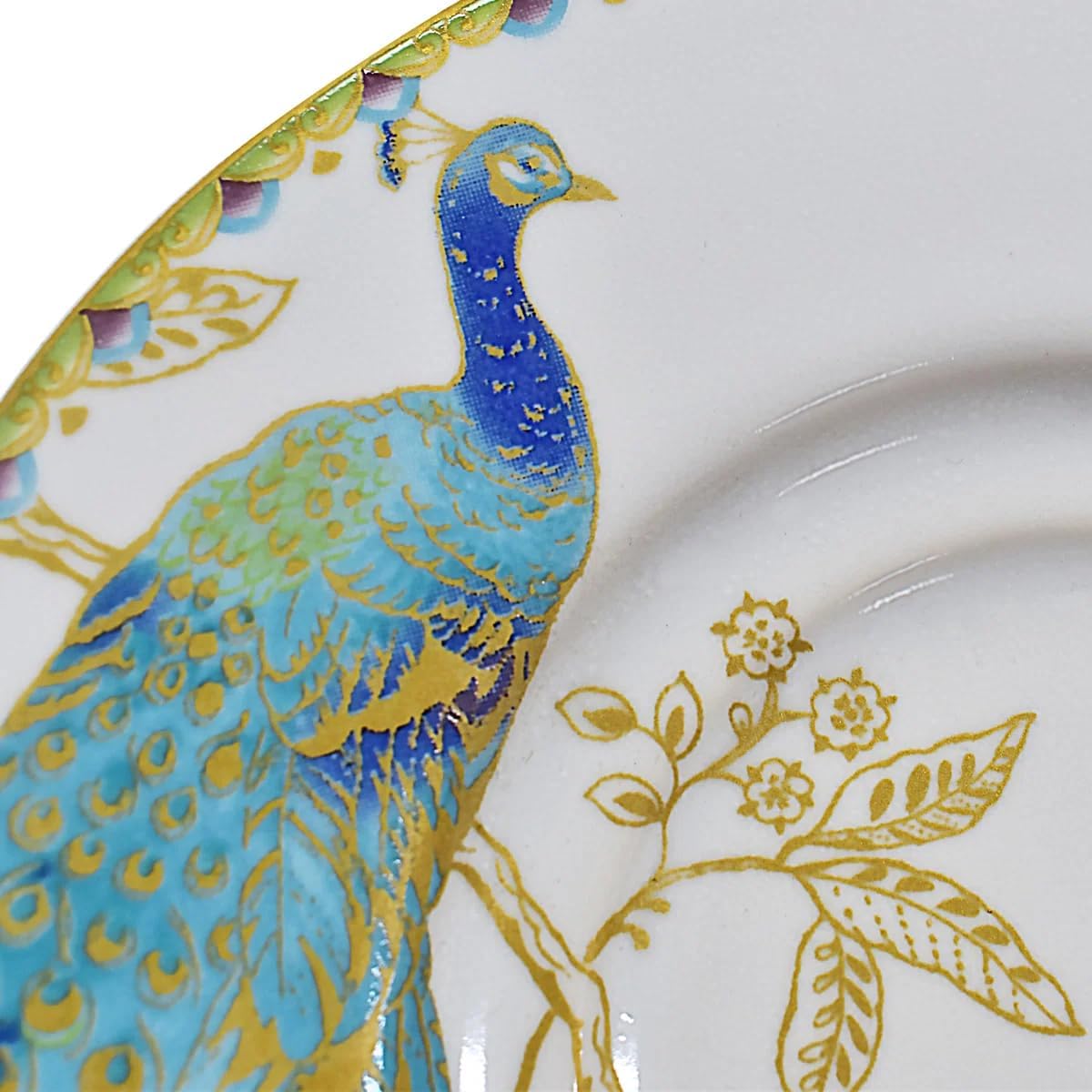 222 Fifth 16-Piece Porcelain Dinnerware Set for 4, Elegant Plates and Bowls Sets-White, Teal, Gold Ceramic Dishes, Chip Proof Kitchen and Dining Dish Set, Microwave & Dishwasher Safe, Peacock Garden